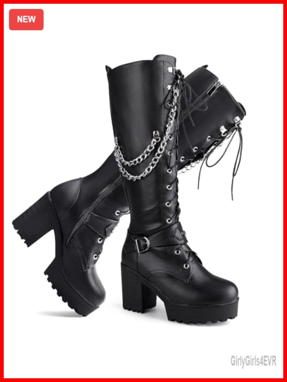 Women's Platform Knee High Boots Lace Up Synthetic Leather Block Heels
